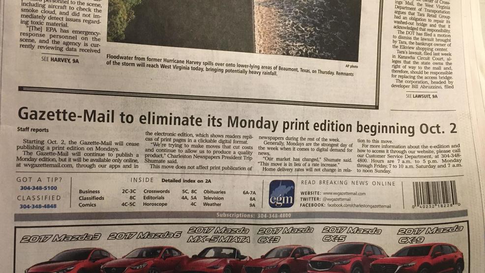 Charleston GazetteMail plans onlineonly Monday edition WCHS